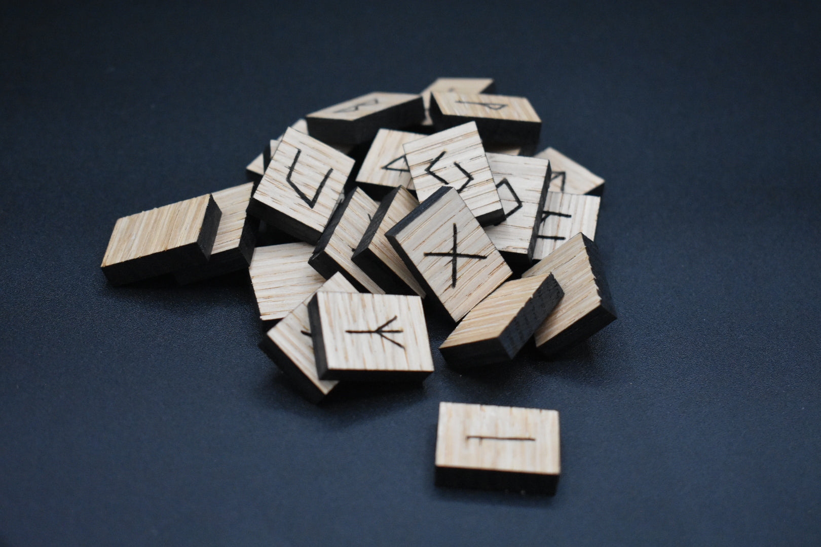 Product photo of laser cut rectangle oak runes