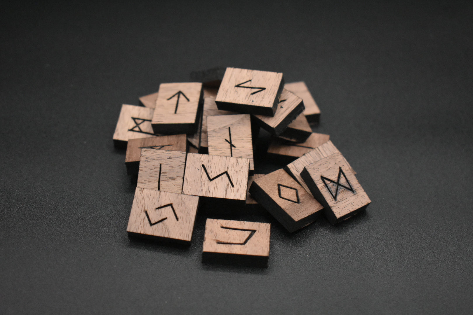 Product photo of laser cut rectangle walnut runes